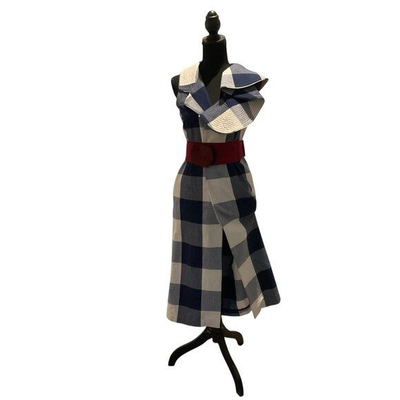 JOHANNA ORTIZ Zona Franca S.A.S. Blue/white Plaid Vest/dress Red Bow 4 W/pockets - Picture 5 of 15
